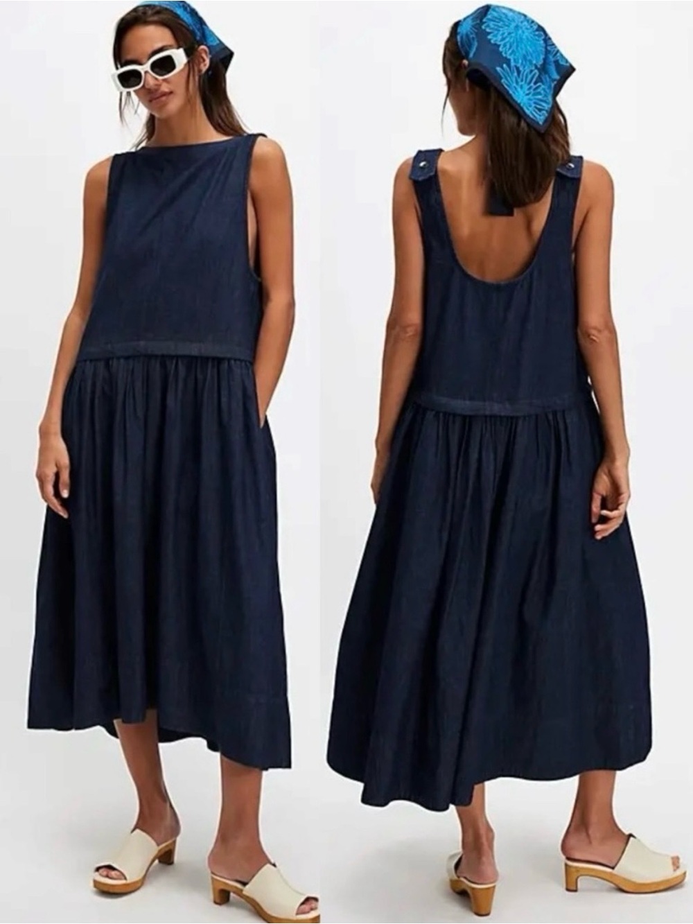 Free People Soraya Dark Denim Drop Waist Jumper Midi Dress 90’s Size Large